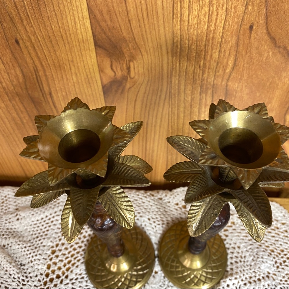 Elegant Brass and Dark Brown Wood Candle Holders - Picture 8 of 8